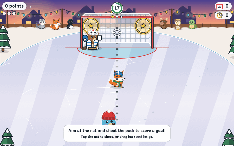 Pond hockey, one of the bonus games: a beaver in a red tuque aims at the net while Fox the winger skates in front and the goalie waits.