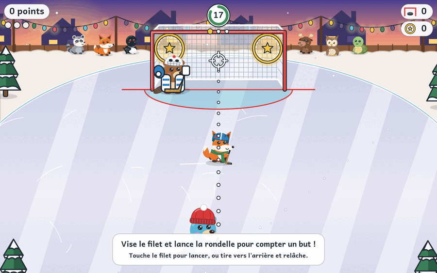 Le hockey sur l'étang, un des jeux bonus : un castor en tuque rouge vise le filet pendant que le renard patine devant lui et que le gardien attend.
