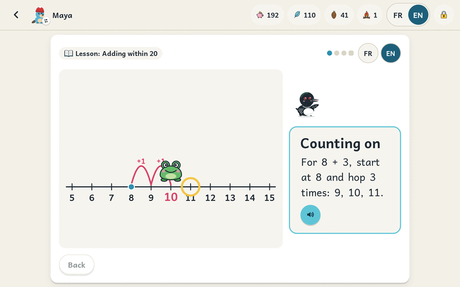 A hands-on lesson: the child taps to make a frog hop along a number line from 8 to 11 while Lou explains counting on.