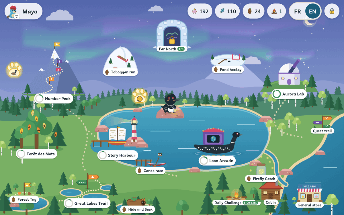 The Allô Lou adventure map: a lake with Lou the loon, regions for each subject, a lighthouse for stories, a mountain for math and spots for the bonus games.