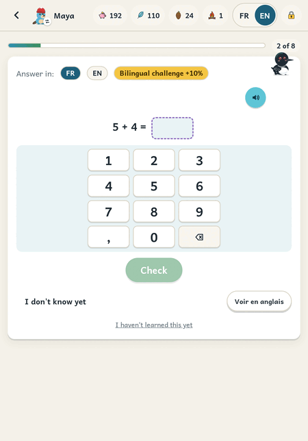 A question on a tablet: 5 plus 4 equals a blank box, with a large on-screen number pad and a bilingual challenge badge.